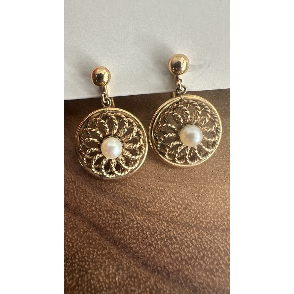 Vintage Faux Pearl  12k Gold Filled Screw Back Dangle Drop Round Earrings MCM